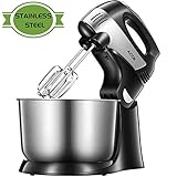 Comida sabrosa y de rápida mezcla - el potente motor de 300 W con 5 velocidades es muy práctico para mezclar cualquier alimento que desee. Además, puede presionar el botón turbo para mezclar alimentos duros y difíciles. Puede hacer muffins, bizcochos de chocolate, tortas y glaseado, puré de papas.