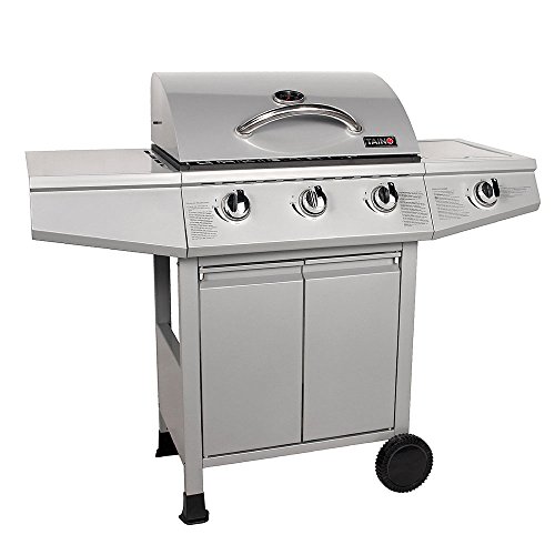 TAINO® Gasgrill BBQ Grillwagen wahlweise im Set mit Zubehör 3 Edelstahl-Brenner 1 Seitenkocher Gas-Grill TÜV Farbe Silber (3+1) (Gasgrill 3+1)