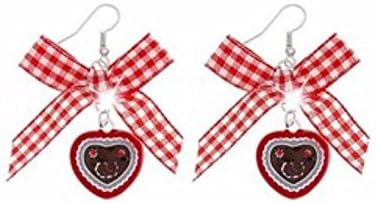 Costume Oktoberfest Earrings Dirndl Gingerbread Heart Pretzel Heart Gingham Check Ribbon Red (11147)