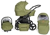  Clamaro \'Rotax\' Kinderwagen 3 in 1 Premium Kombikinderwagen Set mit Babywanne, Sportwagen Buggy Aufsatz und 0+ (0-13 kg) Autositz Babyschale - Design: 5. Grün