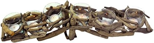 Driftwood Candle Votive, Natural brown wood, with six glass tealight holders, 56x15x12cm