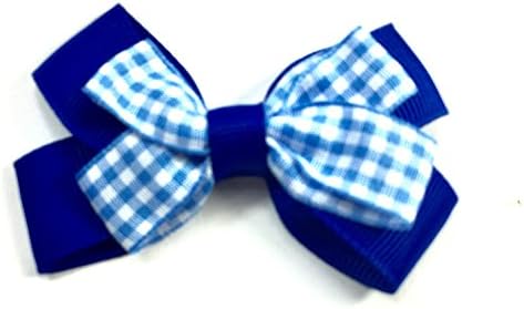 One Gingham Hair Clip Checked Bow Forked Clip Back to School Colours Girls (Royal Blue)