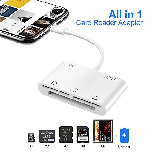 Lector de Tarjetas SD,XD,TF,CF,M2 for i Phone i Pad, Lector de Tarjetas de Memoria 6 en 1 Adaptador de cámara para Phone X / 8/6 / 6s / 6 Plus / 7/7 Plus/Pad Mini/Air/Pro, iOS 10 o up (Blanco)