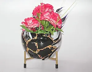 Elegant Crafts India Indoor Plant Pot or Table Planter with Rust Free Metal Stand for Indoor and Outdoor Gardening Plants Pack of 1 Width X Height 06X06 Inches (Black Marble Design)