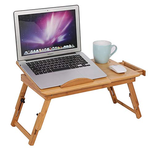 Hollylife Table en Bambou Pliable Réglable avec Tiroir pour Livres pour Ordinateur Portable