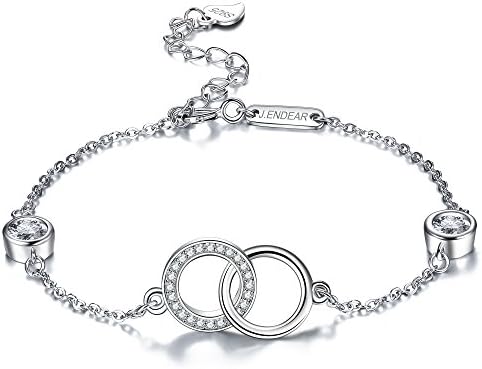 925 Sterling Silver Bracelet for Women Girls Sweet Romantic Love Interlocking Circles with Zirconia Birthday Valentine Day Gift Adjustable 16+3cm