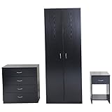 Devoted2Home Boldon Bedroom Furniture Set with Wardrobe/4-Drawer Chest/Bedside Cabinet, Wood, Black, 49.8 x 66.8 x 180 cm, 3-Piece (Kitchen &amp; Home)