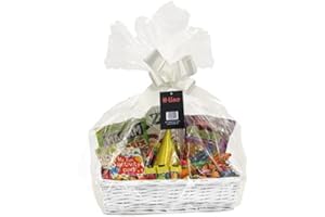 H-line Make Your Own Hamper Kit - Large Rectangle Wicker Basket Cellophane Wood Shred Bow Set (White) - Ideal for Christmas/Easter/Newborn Gift Hamper
