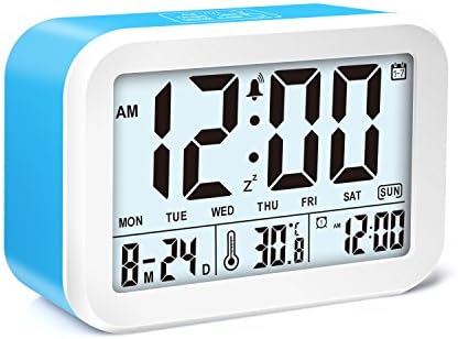 Alarm Clock, VOCC LED Light Alarm Clock Battery Powered Smart Talking Alarm Clock with 3 Alarm Modes, 7 Sounds, Smart Luminescence &amp; Snooze Function &amp; Date Display &amp; Temperature &amp; Weekdays for Adults (Blue)