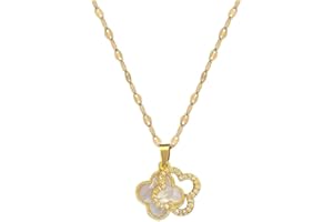HSAJS Collier Trèfle à Quatre Feuilles Femme Plaqué Or Acier Titane Pendentif Chaîne en Cristal Acier Inoxydable Double Face Blanc Noir Trèfle à Quatre Feuilles Collier pour Cadeau