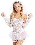 iiniim Women's Lace See Through Mesh White Bride Wedding Dress Costume 5Pcs Lingerie Set