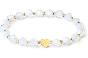 MetJakt Bracelet en Pierre Naturelle 8MM Cristaux Design Cœur Extensible Bracelet en Pierres Précieuses Facettées Semi-Précieuses Perles Dorées 18k Bijoux pour Femme