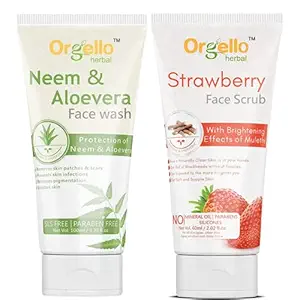 Orgello herbal Neem aloe vera face wash | For acne, pimples,dry skin | for men women boys girls 100 gm + Strawberry scrub 60 gm | Pack of 2