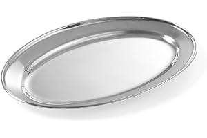 HENDI Plato Oval de Servicio, Bandeja Multiusos para Cocina, decoración y presentación de Alimentos, Carnes y fiambres, Fuente de Fiesta, 245x170x(H) 20mm, Acero Inoxidable