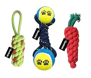 Quickato Combo of 3 Durable Pet Teeth Cleaning Chewing Biting Knotted Small Puppy Toys -100% Natural & Safe Cotton (Color May Vary)