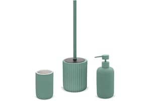 Inbagno Set Accessori Bagno 3 Pezzi in Ceramica Verde cannettato, Dispenser Sapone portaspazzolini e portascopino Soft Touch, Spring