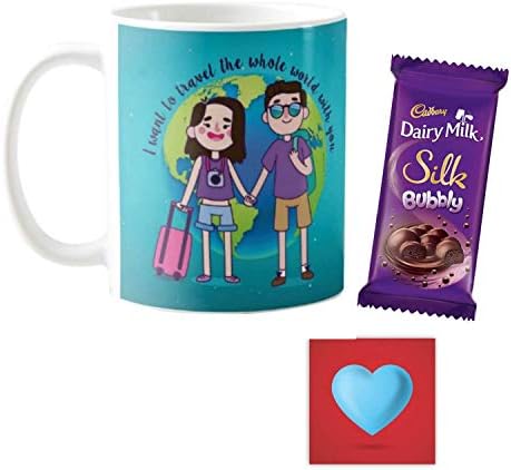 YaYa cafe Valentine Gift Combo for Girlfriend Boyfriend Husband Wife Mug, 1 Dairy Milk Silk Bubbly (50 gm) Travel World with You Globe, with Coaster