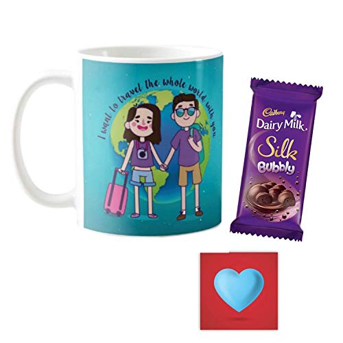 YaYa cafe Valentine Gift Combo for Girlfriend Boyfriend Husband Wife Mug, 1 Dairy Milk Silk Bubbly (50 gm) Travel World with You Globe, with Coaster