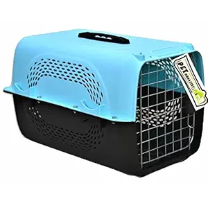 Pet Monastry Pet Travel Carrier Dog Cat Rabbit Basket Plastic Handle Hinged Door Folding Collapsible Transport Box Crate Cage for Puppies & Cats - Blue (Size 19.5 x 13 x 12.5 Inch)