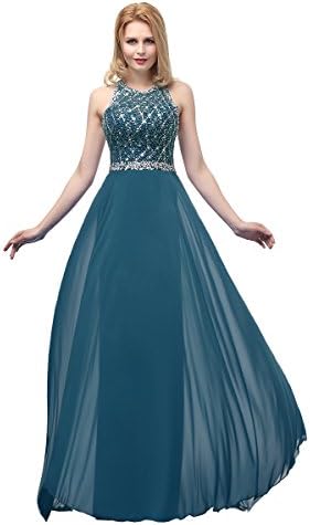 Callmelady High Neck Chiffon Prom Dresses Long Evening Gowns With Open Back (Ink Blue, UK16)