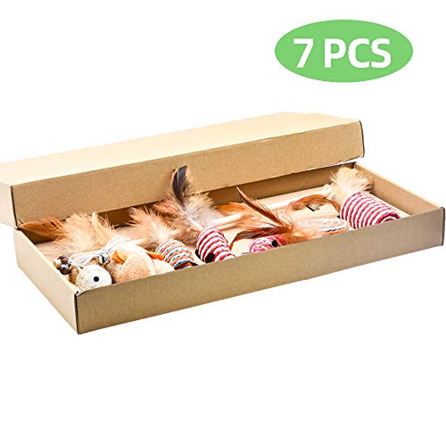 JIN CAN Caja de Regalo de Juguetes para Gatos, Juego de Varita interactiva, 7 Piezas de Pluma reemplazable, Juego de Regalo Divertido para Gato, Material de Lino de Madera Maciza Natural
