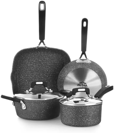 KASANOVA Batteria pentole 6 pezzi New Petra Dark, Set pentole e padelle induzione e forno fino a 180°C, Set pentole antiaderente con bistecchiera effetto pietra