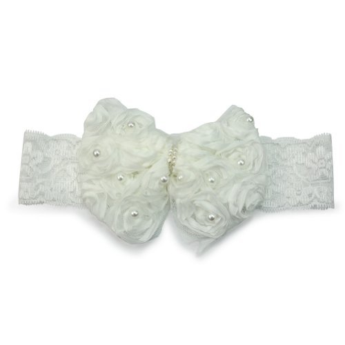 Baby Infant Christening Flower Headband Toddler Lace Rose Bow Headdress (White)
