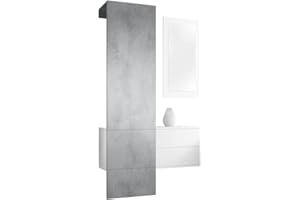 Vladon Carlton Hallway Set 2, Hallway Storage Set with 1 Coat Rack Panel, 1 Chest of Drawers and 1 Wall-Mounted Mirror, White matt/concrete grey oxide (105 x 193 x 35 cm)