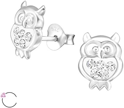 MONKIMAUGirl Earrings Owl Earrings made of 925 sterling silver real silver with 10 Swarovski crystals