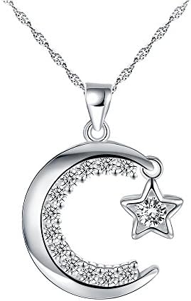 Moon Necklaces 925 Sterling Silver Pendant Necklaces,WAWJ Cubic Zirconia Love Shape Jewelry