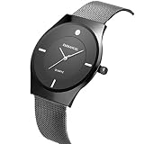Armbanduhr ultra-dünnen minimalistisch Mesh Edelstahl band Herren Männer Schwarz SIBOSUN Quarzwerk wasserdicht