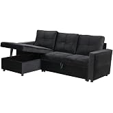 IBERA HOME Sof&aacute; Cama Chaise Longue BOGA 3 Plazas Negro Terciopelo 215 x 135 cm - Cheslong Reversible con Arc&oacute;n y Almacenamien