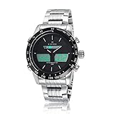 YSCYLY Herren Quarzuhr Sport Multifunktions Wasserdicht Edelstahlband Doppelanzeige Datum Alarm Multifunktions Analog Digital Schock Beständig Casual Handgelenk Für Männer,White