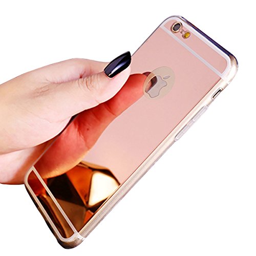 iPhone 7 Hülle, iPhone 7 Spiegel Hülle Mirror Case, Ukayfe Spiegel TPU Schutzhülle Silikon Handyhülle Tasche Case Cover für iPhone 7 Rose Gold Plating Silikon Schutzhülle Luxus Glänzend Shiny Kristall Strass Rahmen Slim TPU Handy Gehäuse Hülle Ultradünnen Weiche Soft TPU Telefon-Kasten Handyhülle Mirror Spiegelnd Make Up Protective Case Cover Bumper für iPhone 7 4.7 Zoll- Rose Gold