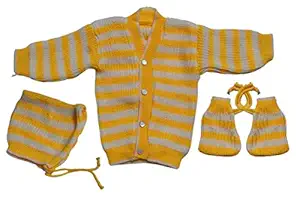 Babies Handmade Front Open Woollen Sweater with Cap and Booties Set (0-3 Months, Multicolour)