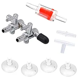 Pawfly 2-Way Aquarium Air Flow Control Lever Valve Distributor Splitter Accessories Set with 1 Check Valve, T & Straight Connector and 4 Suction Cups for Fish Tank