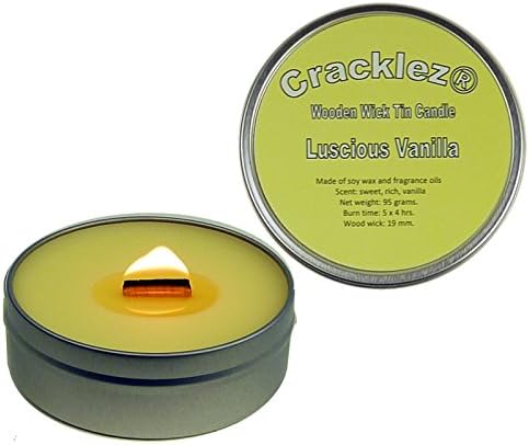 Cracklez Crackling Scented Wooden Wick Tin Candle Luscious Vanilla. Light-yellow.