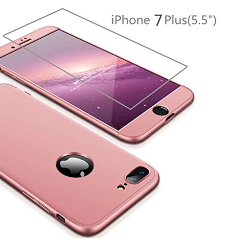 Funda iPhone 7 Plus+Película Vidrio Templado Cubierta 360 Grados Caja protección de cáscara Dura Anti-Shock Anti-rasguño del Protector Completo del Cuerpo 360°Caso Mate Rose(4.7