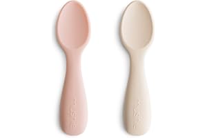 Mushie Baby Starter Spoons | BPA-Free Silicone Learning Spoons 2-Pack | Dishwasher Safe Durable Toddler Utensils | Blush/Shifting Sand
