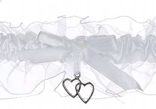 Strumpfband Satin Organza weiß mit Herzen silber