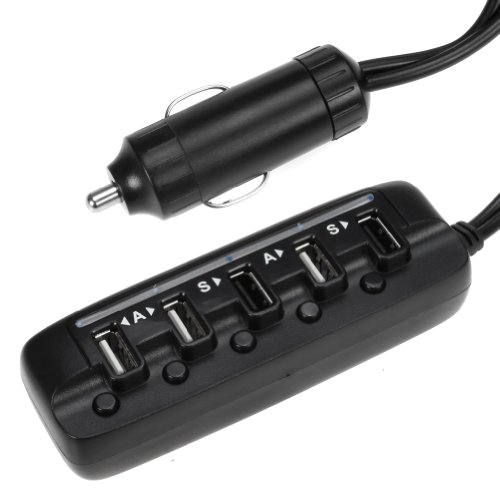 Auto USB Ladegerät, EZOPower 5 USB-Ports KFZ-Ladegerät bis zu 8A und Extralanges Kabel (90cm) für Tablet Smartphone Sony Xeperia SamSung Motorola HTC LG - Schwarz