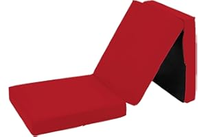 Sapphire Collection Z Bed Sleepover Kids Bed, Footstool Pouffe, Kids Chair Foldable Mattress for Indoor, Outdoor, Bedroom, Playroom Soft & Comfy Plain Futon Set (Red)