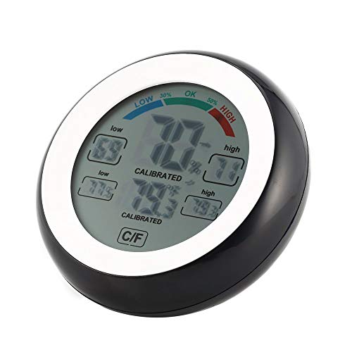 Preisvergleich Produktbild Runde LCD Touchscreen Innen Temperatur Hygrometer Wetterstation Digital Hintergrundbeleuchtung Touchscreen Zeituhr Thermometer - Schwarz