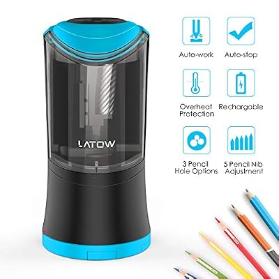 LATOW Taille-crayon électrique, lame hélicoïdale durable LATOW à aiguiser rapidement, USB Rechargeable Arrêt automatique Taille crayon pour 8/10/12mm Crayons, Convient à Bureau de l'école (batterie incluse)