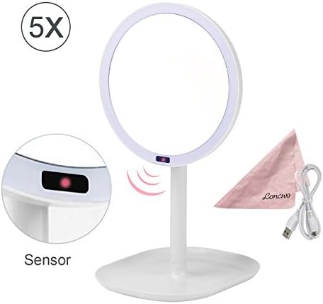 Illuminated Makeup Mirror, 5x Magnification 30 LEDs Infrared Sensor Led Makeup Mirrorr with 360 Degree Rotation, Battery /USB Powered, White
