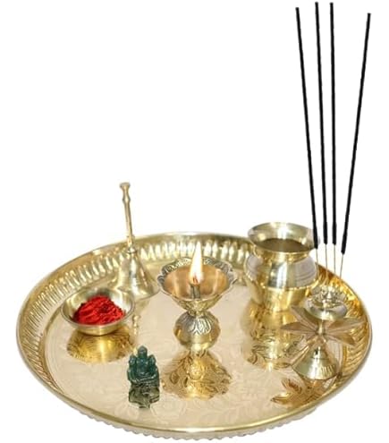 BRACOP® Messing Pooja Thali Set 5-teilig - Dekoratives Tablett Für Indische Rituale & Feste