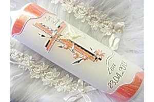 kerzenzauber-lusine Taufkerze Kommunionkerze Junge Mädchen 250/70 mm VT-12 inkl. Zubehör für selbstbeschriften, Weiß-rosa