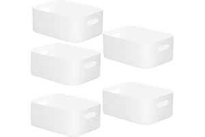 W&H 5 PCS White Plastic Storage Baskets with Handle, Medium Kitchen Cupboard Organiser Box, Storage Boxes for Shelves, Plastic Boxes for Bathroom, Kitchen, Office, School and Toy -25×17×10cm