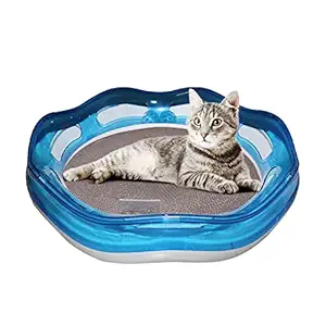 Emily Pets 4-in1 Cat Toy Play Pan with Scratching Cardboard Board Post with Scratch board Catnip toy and Ball with bell Toy for Cat,Circular Track with Catnip for Cats and Kittens,Cat Scratcher(White-Blue)