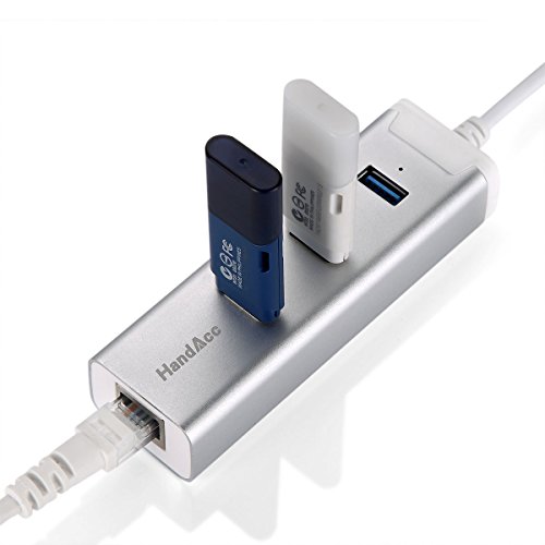 Handacc USB 3.0 3-Port Hub inkl. Gigabit Ethernet LAN / Netzwerkadapter (RJ45) | Super Speed bis zu 5 Gb/s | 3 Port Hub (Verteiler) inkl. Power-LED | Gigabit-LAN 10/100/1000 Mbit | Windows, Linux und Mac | silber (Aluminium – Gehäuse) - 5